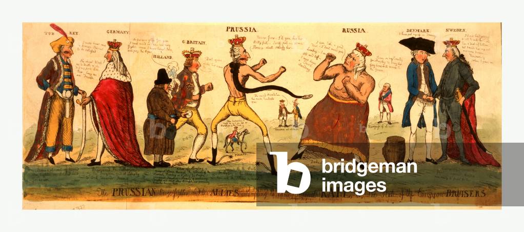 The Prussian Prize-Fighter and His Allies Attempting to Tame Imperial Kate, or, the State of the European Bursiers, 1791 (coloured engraving)