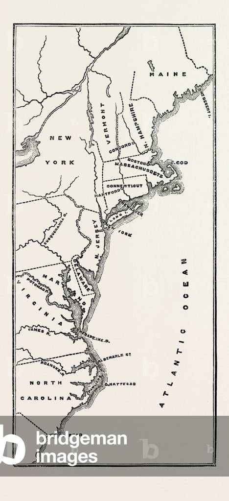 Map to Show Position of the Early Settlements in North America, 1870s Engraving