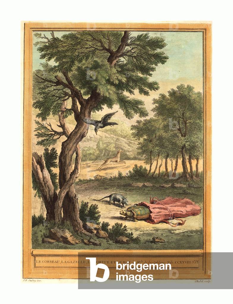 Quentin-Pierre Chedel after Jean-Baptiste Oudry (French, 1705 - 1763 ), Le Corbeau, La Gazelle, La Tortue Et Le Rat (the Crow, the Gazelle, the Tortoise, and, Published 1759, Hand-Colored Etching, Gift of Mr. And Mrs. George W. Ware
