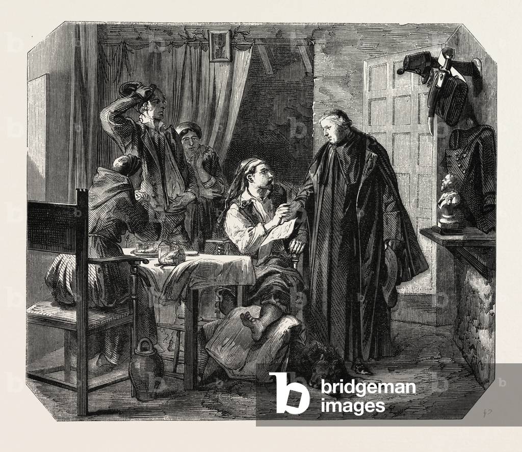 School Sardinia. The News of the Death of King Charles Albert, Engraving 1855