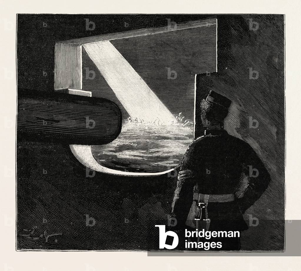 Night Quarters on Board a Man of War, the Target from a Maindeck Port, Engraving 1890