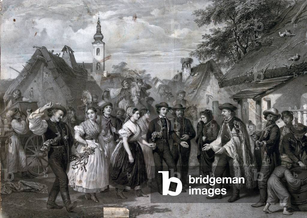 A Wedding in the Village, 19th Century, Men, Women, Male, Female, Dancing, Drinking, Playing the Fiddle, Barrel, Folk Dress, Austrian Hungarian Monarchy, Austria, Hungary, Food and Drink, Liszt  Gourmet Archive, Costume, Rural, Ethnography, Flower, Love, Couple, Bride, Caucasian, Europe
