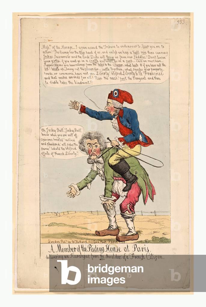 Member of the Riding House at Paris, Delivering an Harangue from the Shoulders of a French Citizen, Holland, William, Active 1782 1817, Engraving 1799, a Member of the New French Aristocracy Wearing a Phrygian or Liberty Cap with Circular Emblem, Riding on the Back of a French Citizen; He Implores, Messrs. of the Menage - I Again Ascend the Tribune to Endeavour to Spur You on to Action! the Enemy Has the Whip Hand of Us, and Unless We Keep a Tight Rein Those Cunning Jockies Suwarrow and the Arch Duke Will Throw Us from Our Saddles, in 1799, Russian Forces Under Field Marshal Aleksandr Vasilevich Suvorov Defeated the French in Italy.