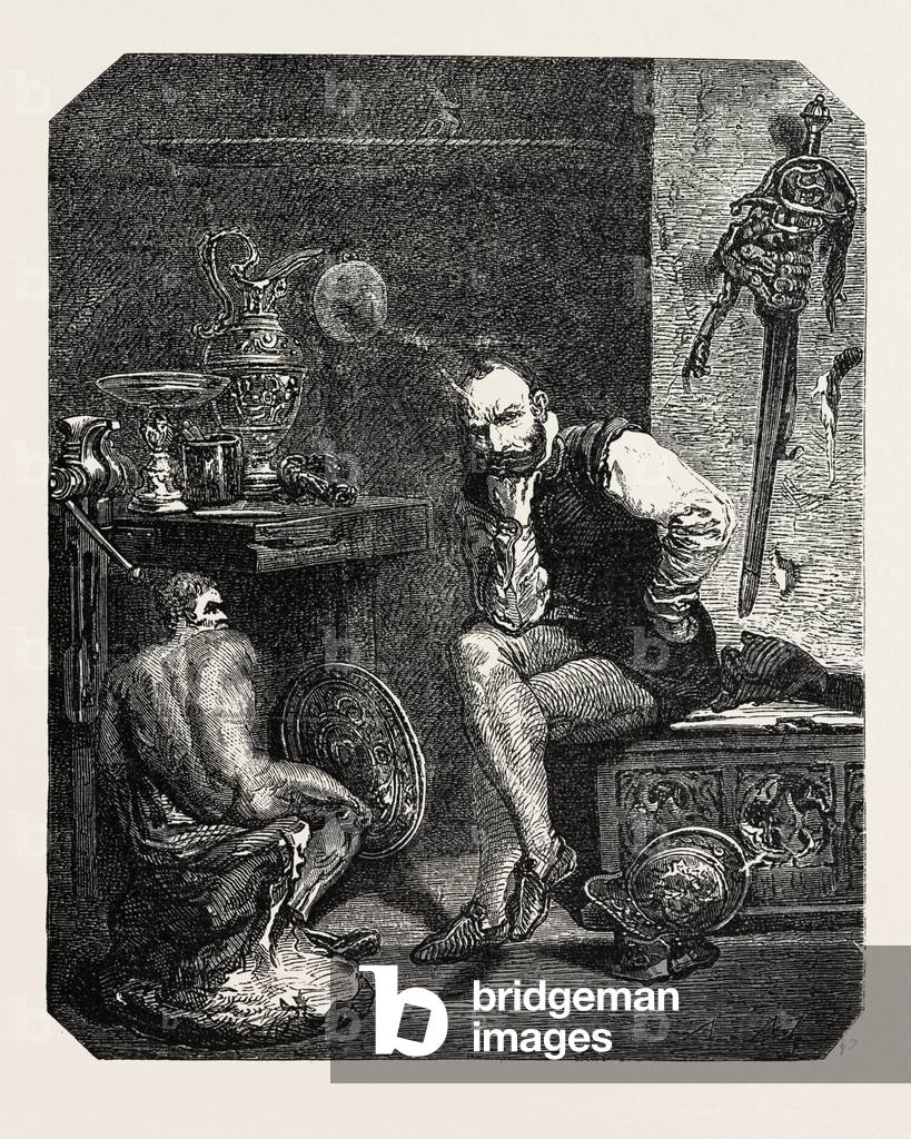 Benvenuto Cellini in His Studio, Painting by Robert Fleury. Engraving 1855