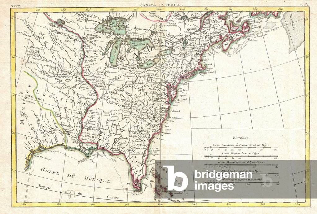 1776, Bonne Map of Louisiana and the British Colonies in North America, Rigobert Bonne 1727 Ð 1794, one of the most important cartographers of the late 18th century