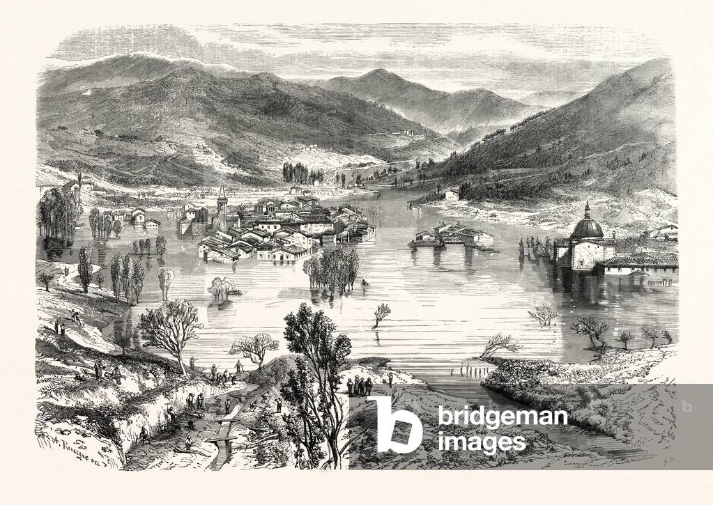 Flooding of the City of San Stefano in Tuscany, Italy. Engraving 1855