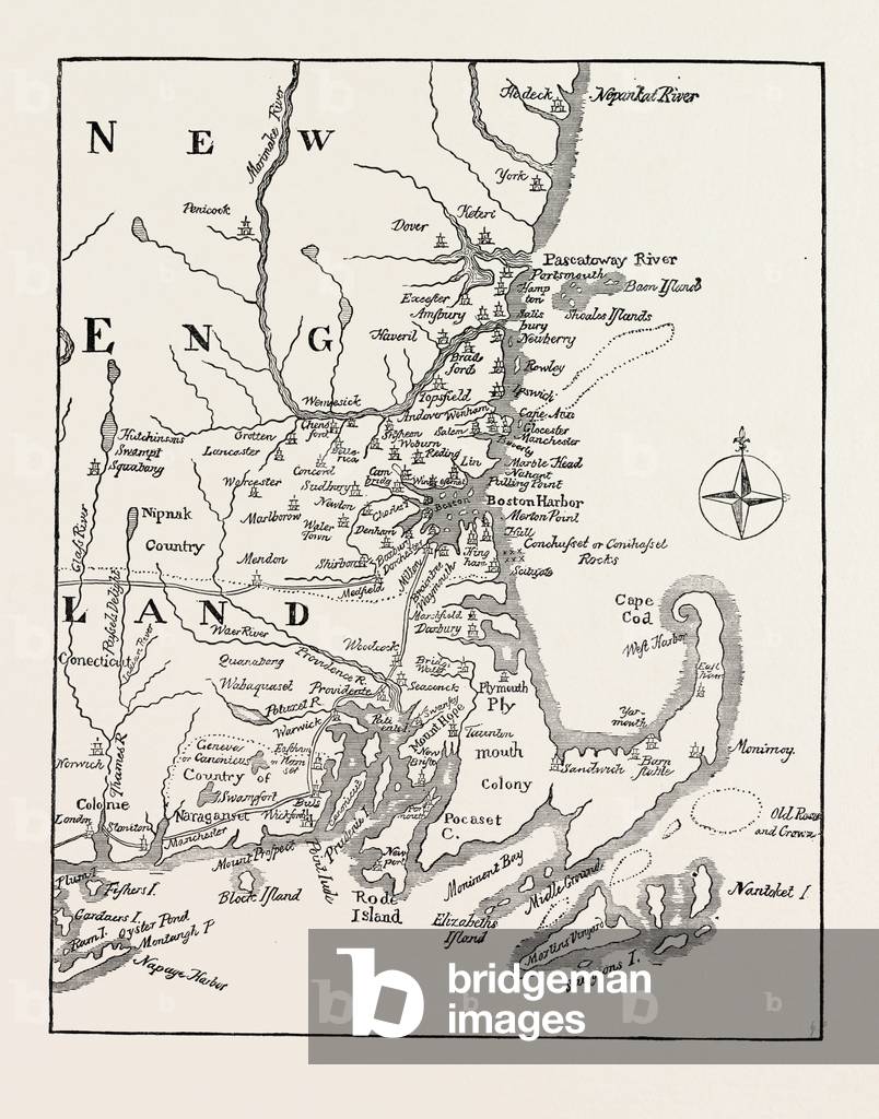 Map of New England at the Beginning of the Eighteenth Century from Mather's Magnalia,USA, 1870s Engraving