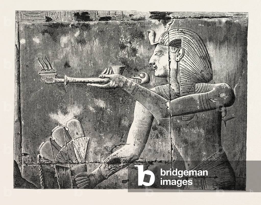 Seti I. Offering Incense And a Libation. Egypt, Engraving 1879