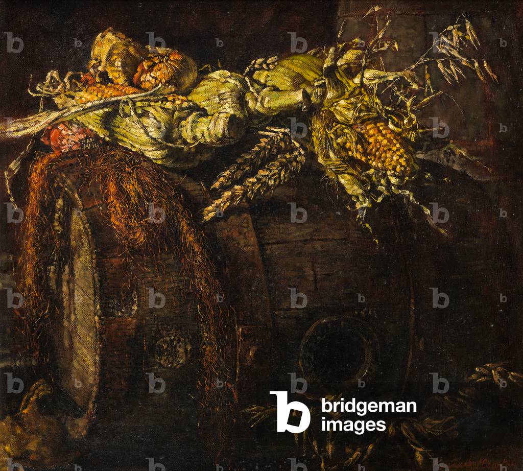 Old Barrel and Cobs of Corn (oil on canvas)