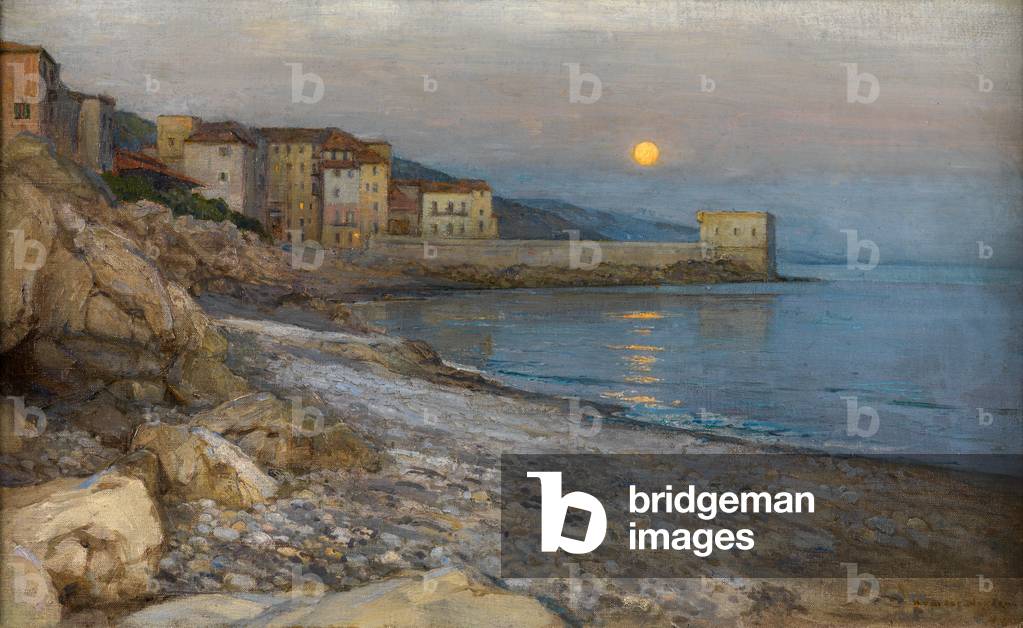 The Bastion, Menton, Cote d'Azur, by Twilight (oil on canvas laid on board)