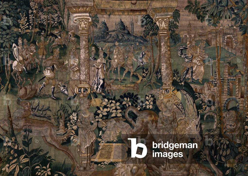 Flemish tapestry. Landscape with pergola and big beasts, with 2 colomns (Landschap met pergola in ruïne en grote beesten, met 4 zuilen). Atelier of Oudenaarde. 319x508cm. Inv 0023. 17th century.
