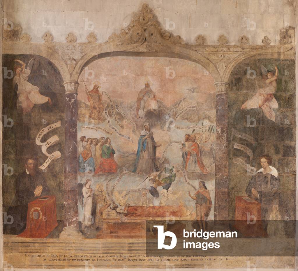 Church (Eglise Saint-Jean-Baptiste). Interior. Chapel Saint-Fursy. Mural paintings. The glorification of Mary (fresque dite de la bonne mort). Begin 17th century.