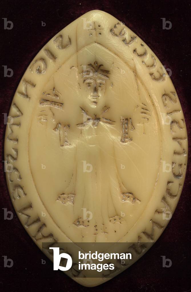 Matrix of the seal of the chapter of Tournai. Used since 12th century. With the image of the merovigian king Chilpéric (ivory(