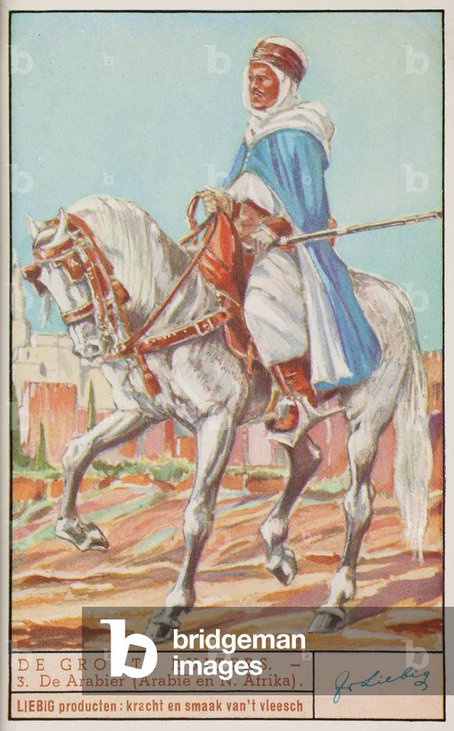 Liebig Chromos. Trade card. Series 1394, The greatest horse riders, no 3, the arab. 1939.
