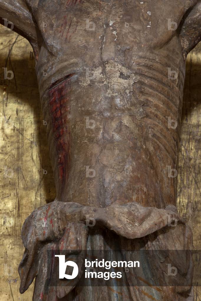 Collegiate church. Interior. Sculpture. Christ on the cross. Romanesque/gothic. Polychrome wood. Detail. Body. 14th century.