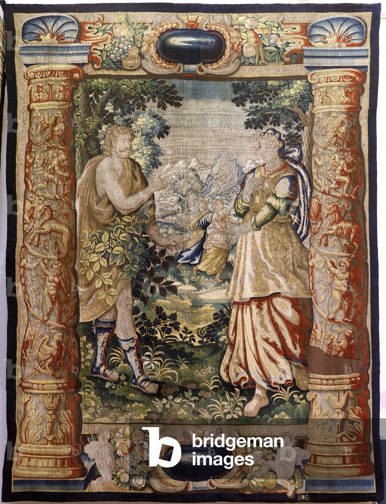 Flemish tapestry. Series Gallantry (Galante). Gallant scene (Escena galante). Manufacture Brussels, early 17th century.; Fabric Silk and wool, 5/6 warps per cm. Size 348 x 263 cm.; Location Church of San Millán de la Cogolla, Oncala (Soria).; Origin A donation by Bishop Juan Francisco Ximénez del Río, ca 1800.