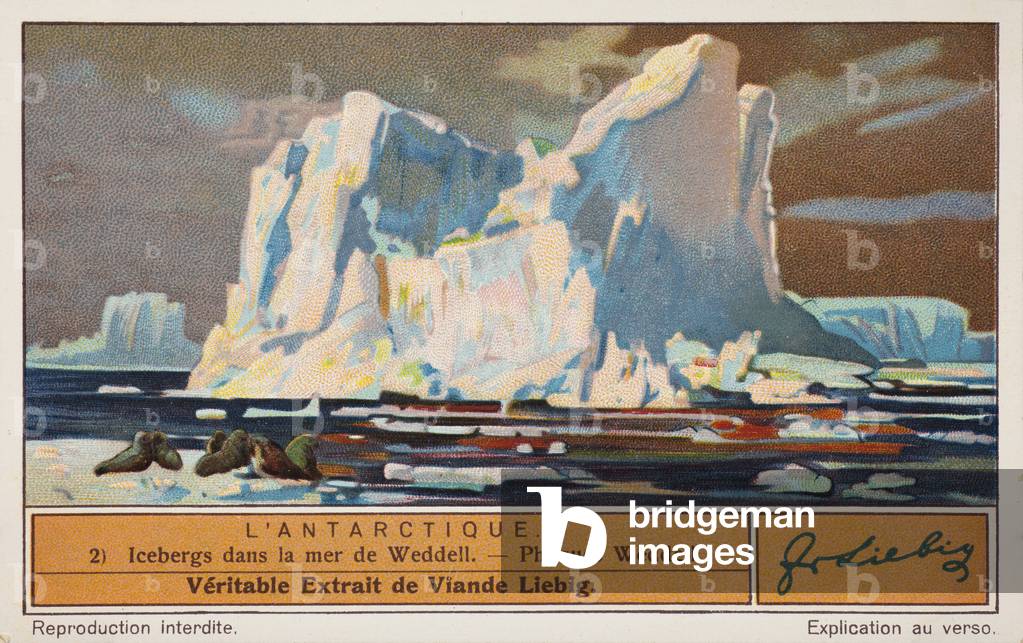 Liebig Chromos. Trade card. Series 1328, the Antarctic, no 2, icebergs at Weddell Sea. Private collection. 7,1 x 11cm.