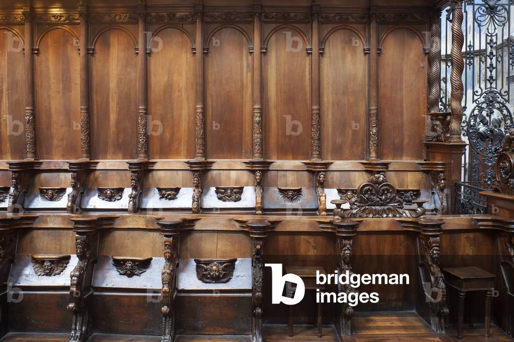 Cathedral (Cathédrale Saint-Etienne). Interior. The choir. The stalls. Detail. 1611.
