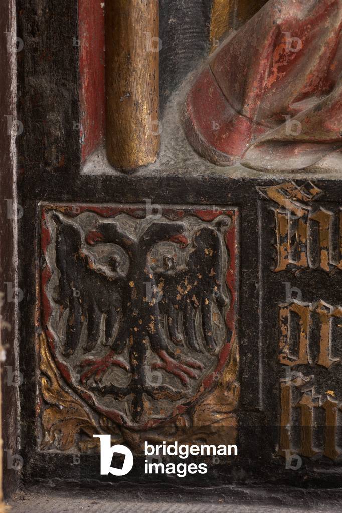 Votive monument of canon Jean de la Wastine, south ambulatory, Cathédrale Notre-Dame, Tournai, Hainaut, Belgium, c.1431 (wood)