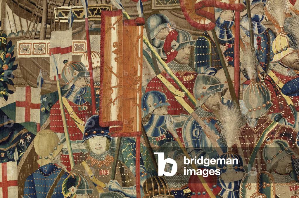 Tapestry showing the Conquests of king Alfonso V of Portugal (Conquistas de Alfonso V de Portugal), Tournai. Detail. (Wool and silk)
