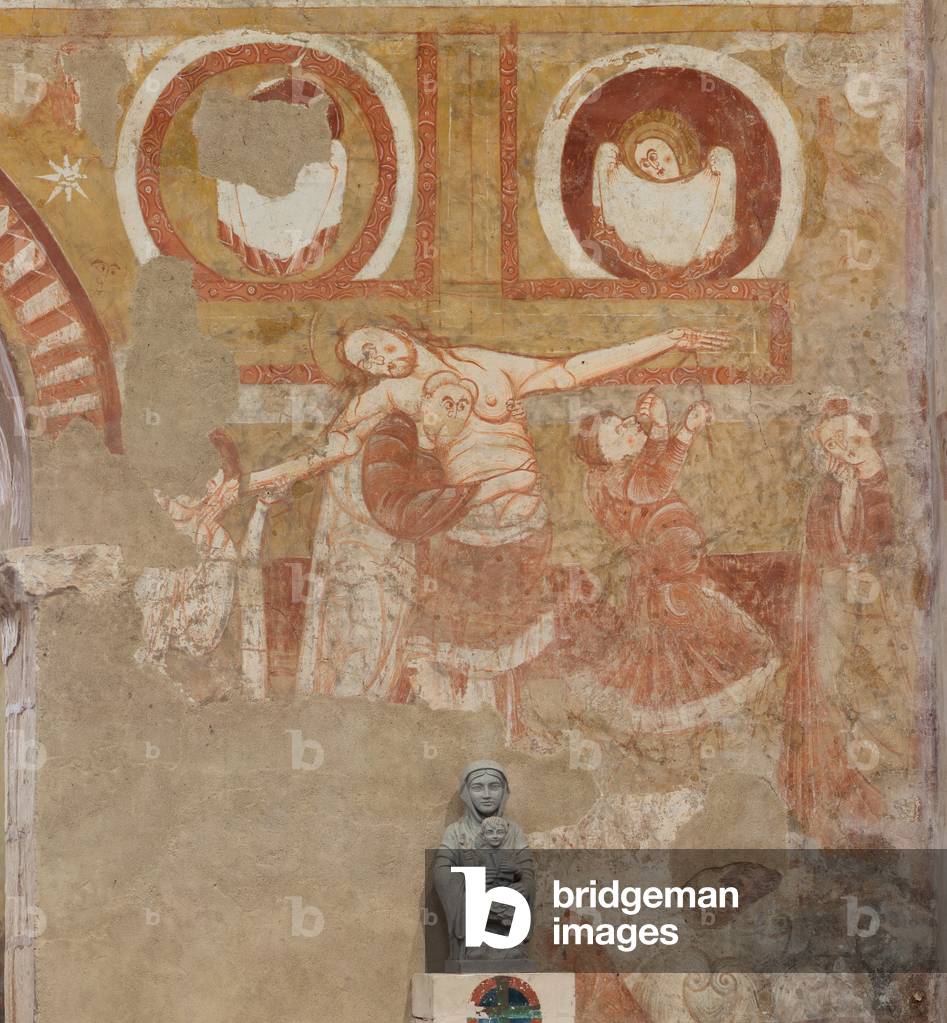 Church (Église Saint-Martin). Interior. Wall paintings (fresco). West wall of the nave. Detail. Descent of the cross. 12th century.