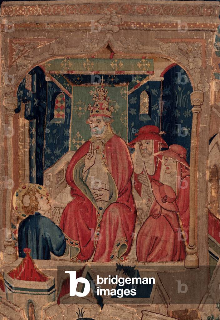 History of Saint Piat and Saint Eleuthère, Scene 9 Saint-Éleuthère is confirmed as the bishop of Tournai (Au boin saint l'eveschiét donné est chi du pape et confermée). Detail mid. The scene with the pope.