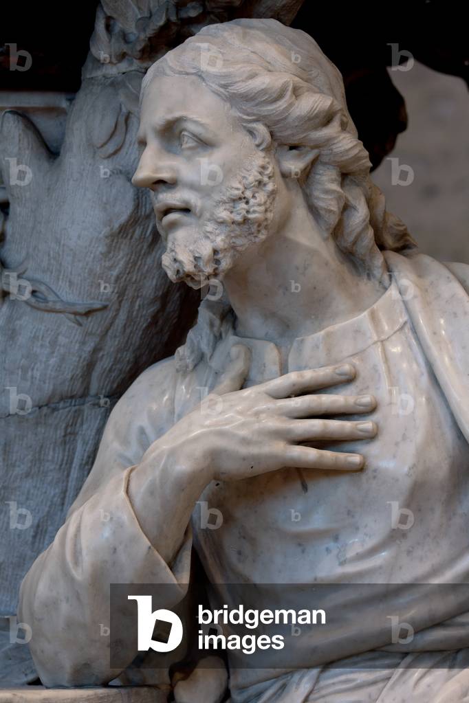 Collegiate church. Interior. Pulpit. Laurent Delvaux (1696-1778). Marble and wood. Baroque. Detail. Bust of a man (Jacob?). White marble.