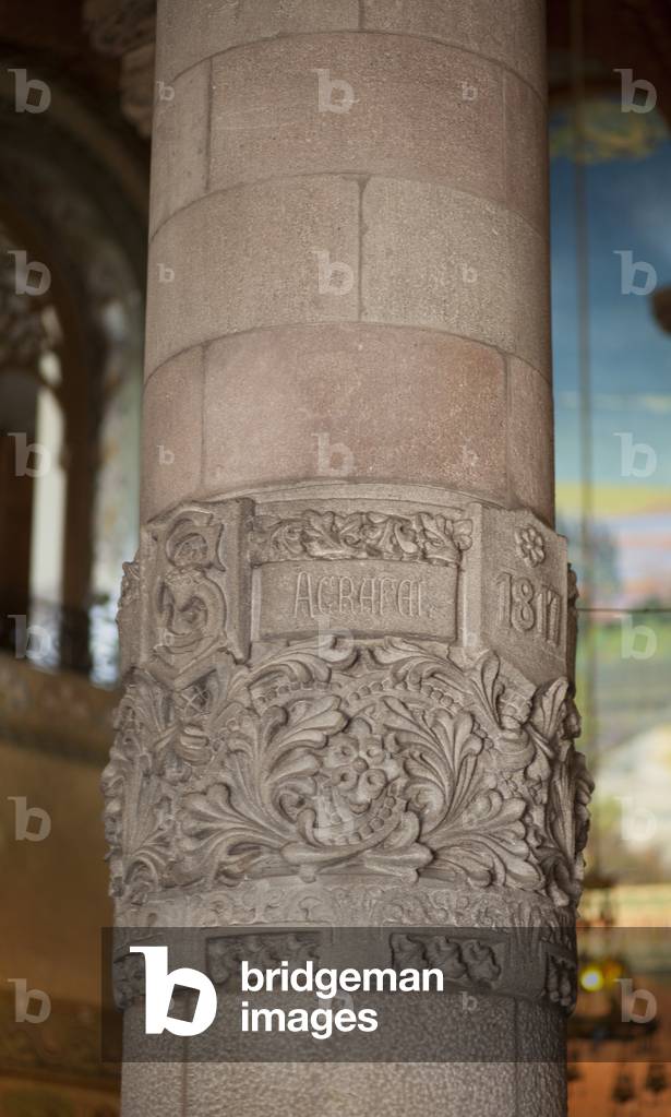 City site mount Tibidabo. The basilic church Holy hearth (Església de Sagrat Cor). Interior. Detail of a column decoration motives. Eclecticism.