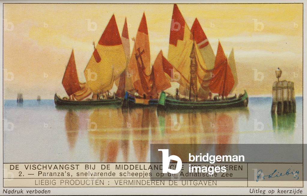 Liebig Chromos. Trade card. Series 1404, mediterranian fishing, no 2, boats at the Adriatic sea, called Paranza. 1939.
