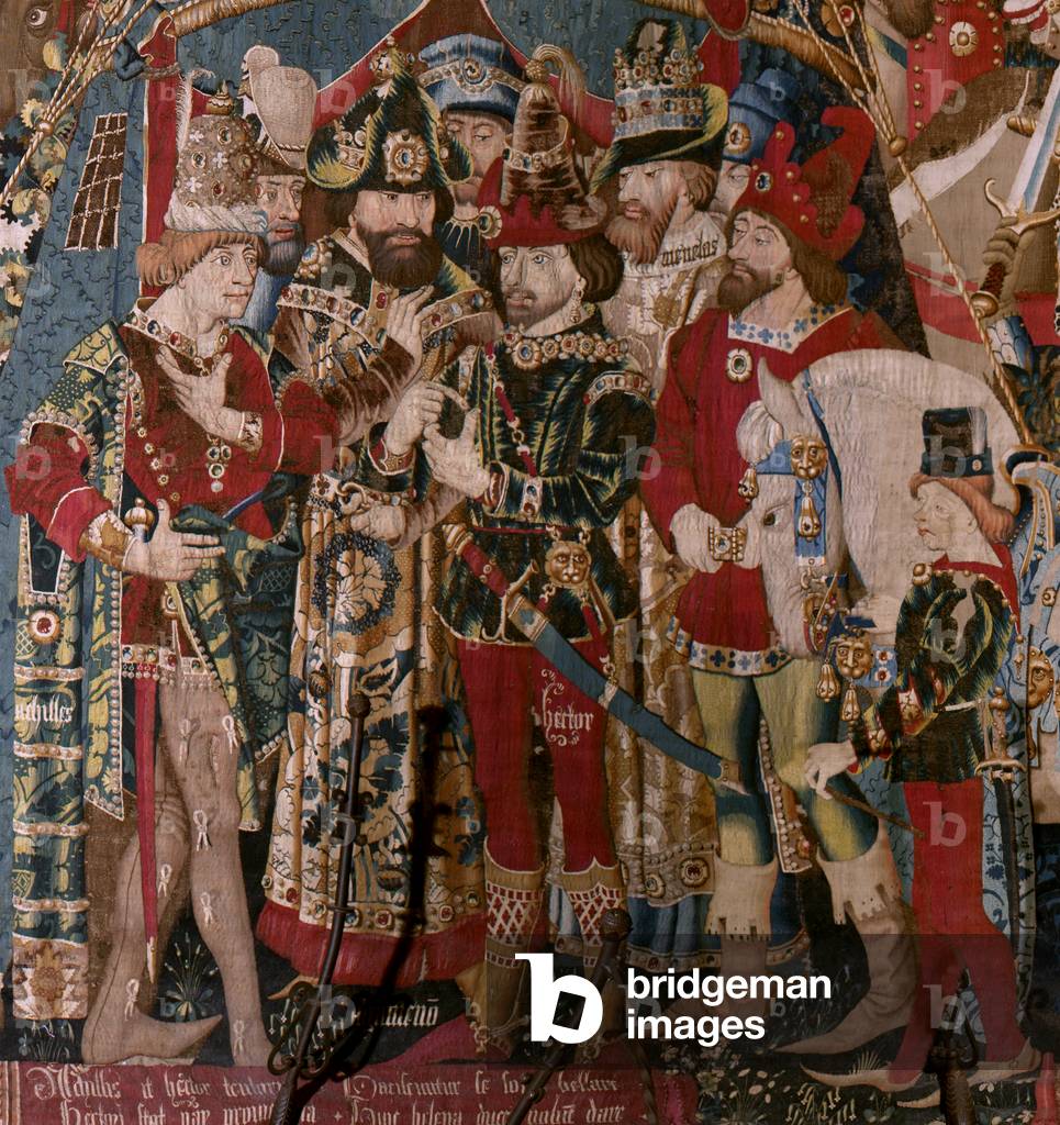 Flemish tapestry. Series The Trojan War. Achilles’ Tent (La Tienda de Aquiles). Sixth tapestry in the series. Model Coëtivy Master (Henry or Conrard de Vulcop). Manufacture Tournai workshops. Ca 1470. Fabric Wool and silk, 6/7 warps per cm. Size 467 x 690 cm. Location Cathedral of Zamora, Cathedral Museum). Origin A donation of Count Alba de Aliste, it arrived at the cathedral in 1608. Exhibition It is currently exhibited in the Museum’s facilities next to the cathedral.