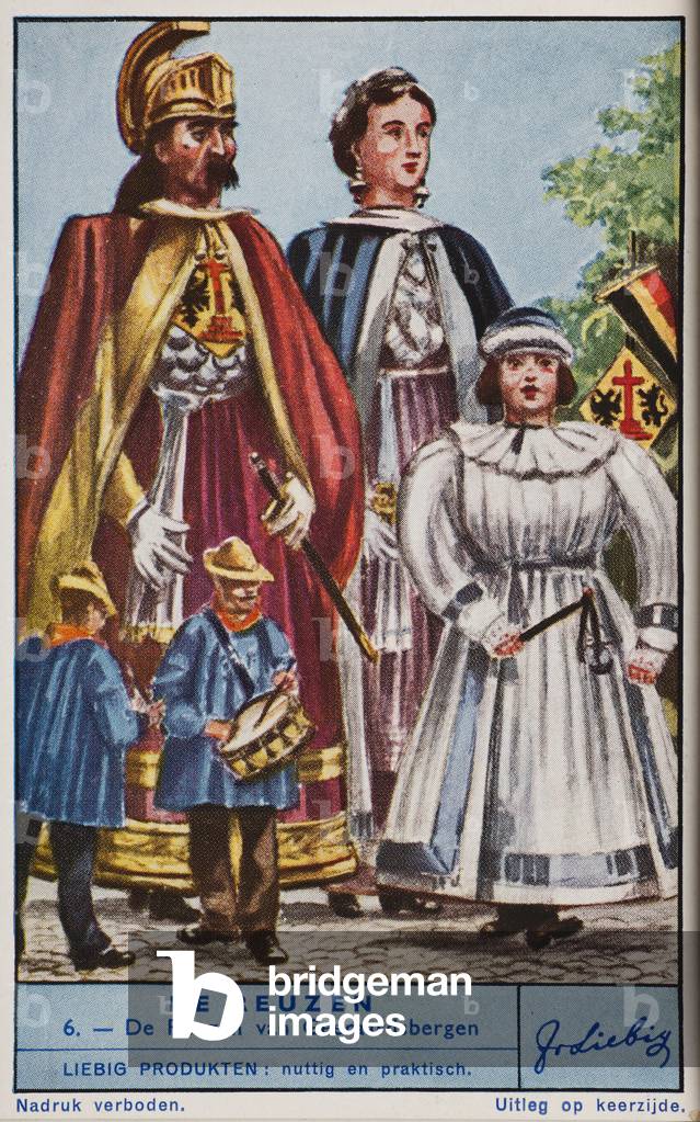 Liebig Chromos. Trade card. Series 1416, legendary Belgian giants, no 6, the giants of Geraardsbergen. 1940.