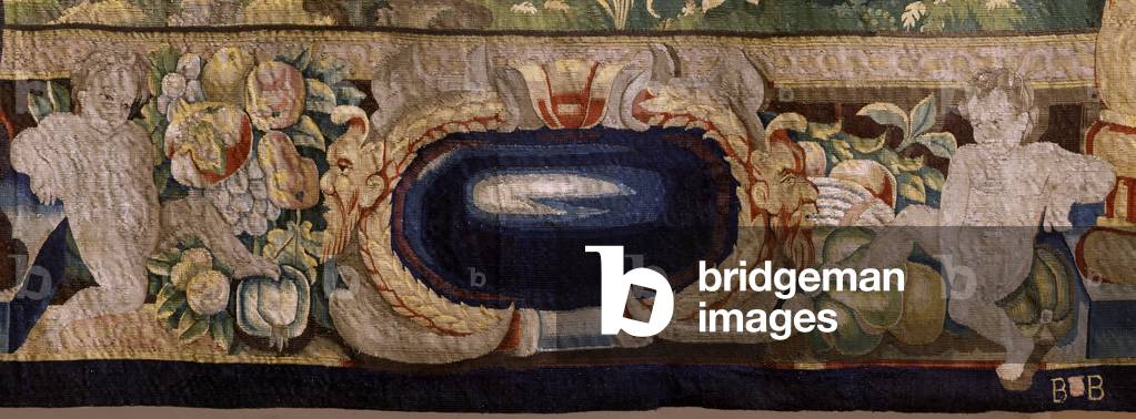 Flemish tapestry. Series Gallantry (Galante). Gallant scene (Escena galante). Manufacture Brussels, early 17th century.; Fabric Silk and wool, 5/6 warps per cm. Size 348 x 263 cm.; Location Church of San Millán de la Cogolla, Oncala (Soria).; Origin A donation by Bishop Juan Francisco Ximénez del Río, ca 1800.