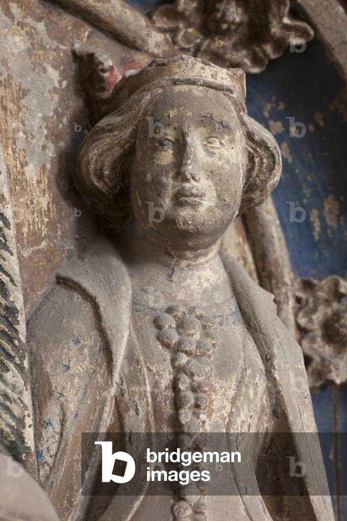 Detail bust of a woman, c.1430, Bas-Relief. Polychromed stone. Devotion monument of Marie de Quinghien (Monument votif de Marie de Quinghien)