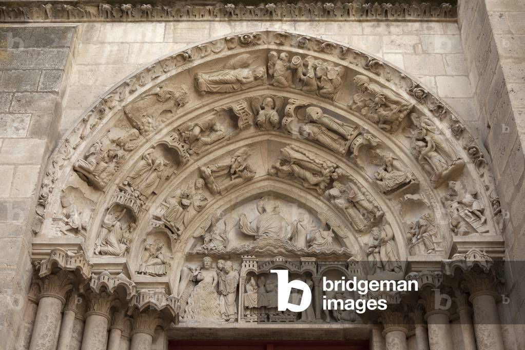 Cathedral (Cathédrale Saint-Etienne). Exterior. West left portal. Detail. Upper part. End 12th century.