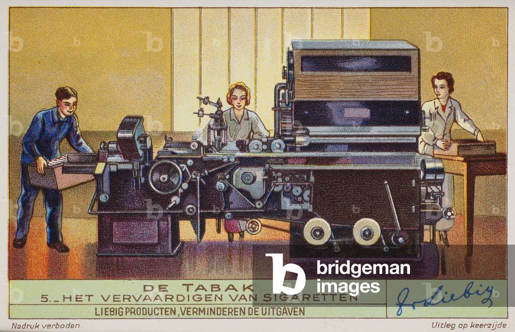 Liebig Chromos. Trade card. Series 1407, tobacco production, no 4, mechanical production of ceigarettes. 1939.