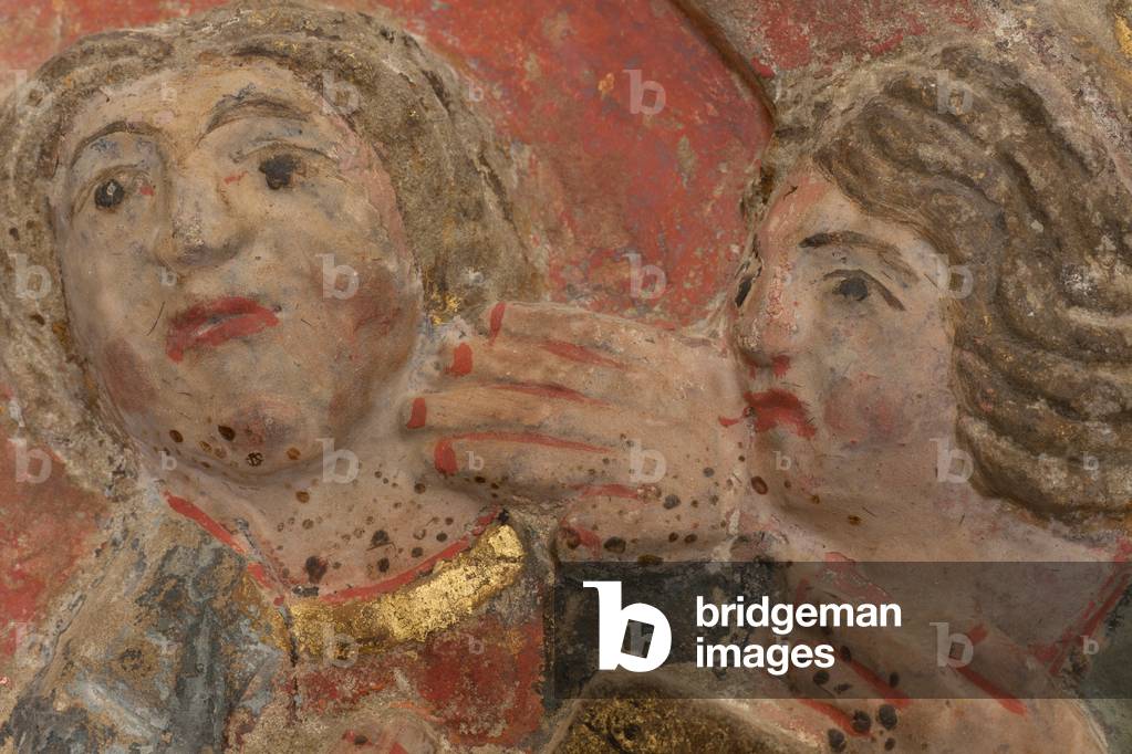 Altarpiece. polychrome stone. Second half 14th century. Origin former parish church of Torre de Rialb. Detail. Mid register. Left panel. Upper part: the Saints Iscle and Victoria with the officials.