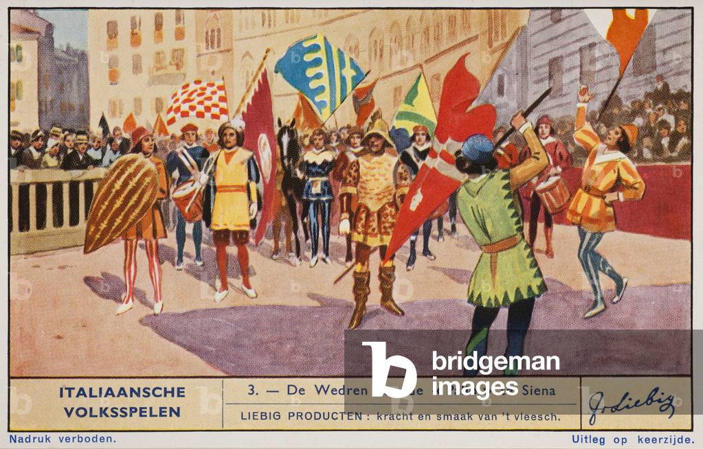 Liebig Chromos. Trade card. Series 1397, Italian popular games, no 3, the racePalio at Siena.1939. Private collection. 7,1 x 11cm.