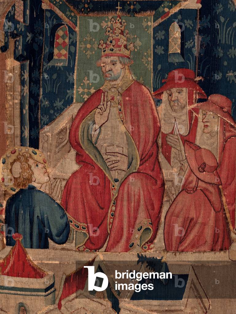 History of Saint Piat and Saint Eleuthère, Scene 9 Saint-Éleuthère is confirmed as the bishop of Tournai (Au boin saint l'eveschiét donné est chi du pape et confermée). Detail mid. The scene with the pope.