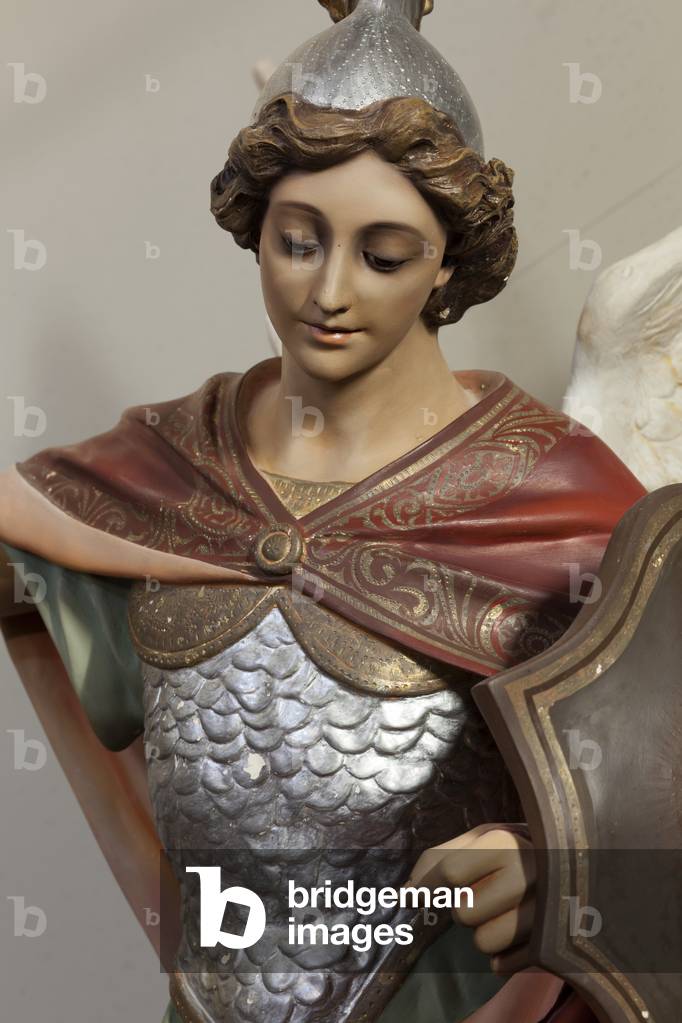 Pinell. The church. Interior. A statue. Saint Michael. Polychromed plaster. Detail. Bust. 20th century (?).