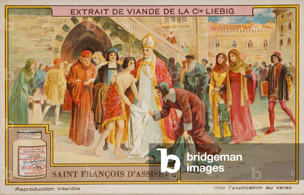 Liebig Chromos. Trade card. Series1183, the life of Saint Francis of Assisi, no 1. 1926. Private collection. 7,1 x 11cm.