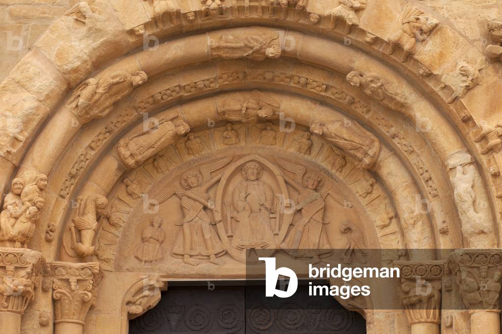Church Església de Santa Maria de Covet. Exterior. West façade. The portal. Detail. The tympanum. Romanesque. 12th century.