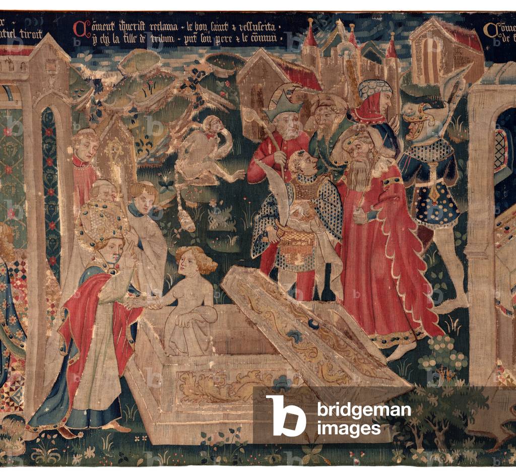 History of Saint Piat and Saint Eleuthère, Scene 12: The resurrection of the tribune's daughter (Comment Jehsucrist reclama le bon saint et ressuscita par chy la fille de tribun present son père et le commun).