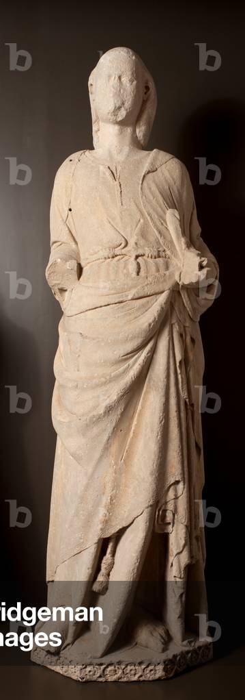 Museum Museu Comarcal de l'Urgell. Ensemble of five statues of apostles. Origin of the portal of the former church Santa Maria de Tàrrega portal. Detail. An apostle. 1319. Museum ref MCUT 2808,.