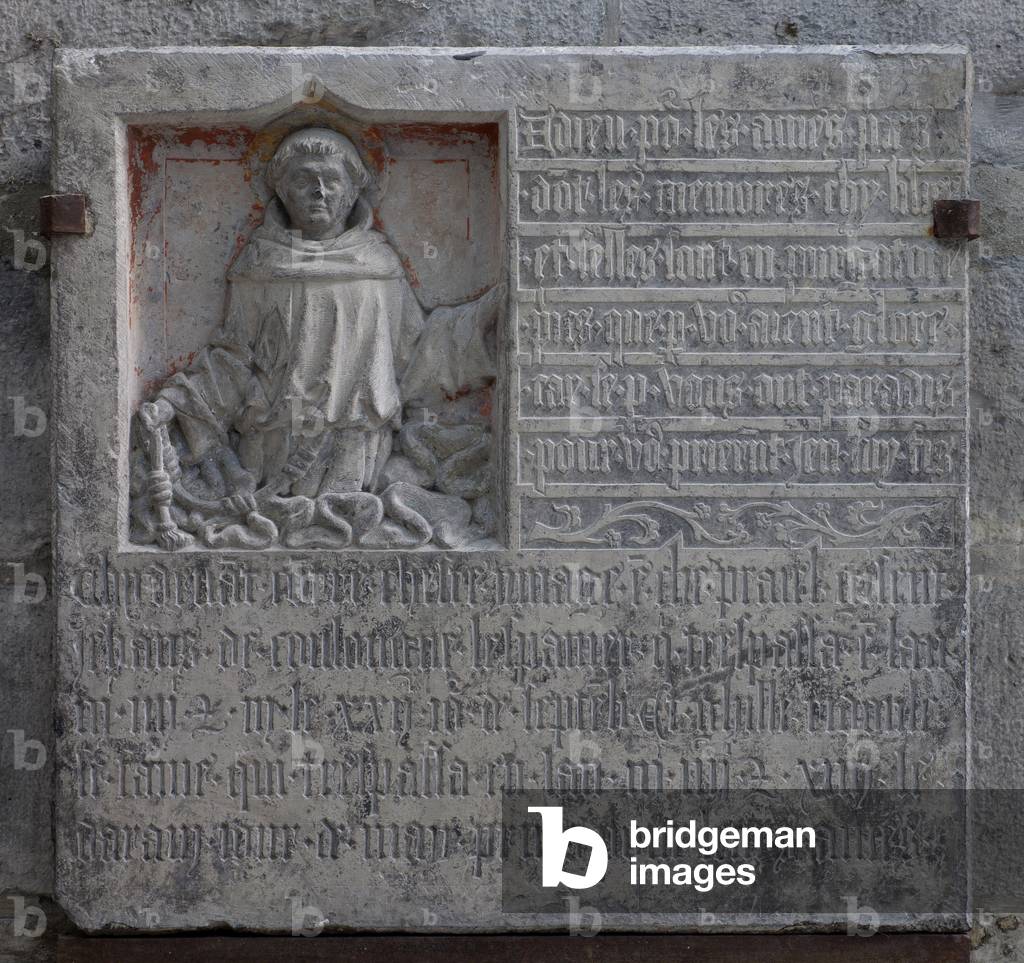 Bas-Relief. Stone with rests of polychrome. Devotion monument of brother Jean de Cologne (Monument votif de frère Jean de Cologne). Origin of the brotherhood (Frères Mineurs de Tournai). Begin 15th century.