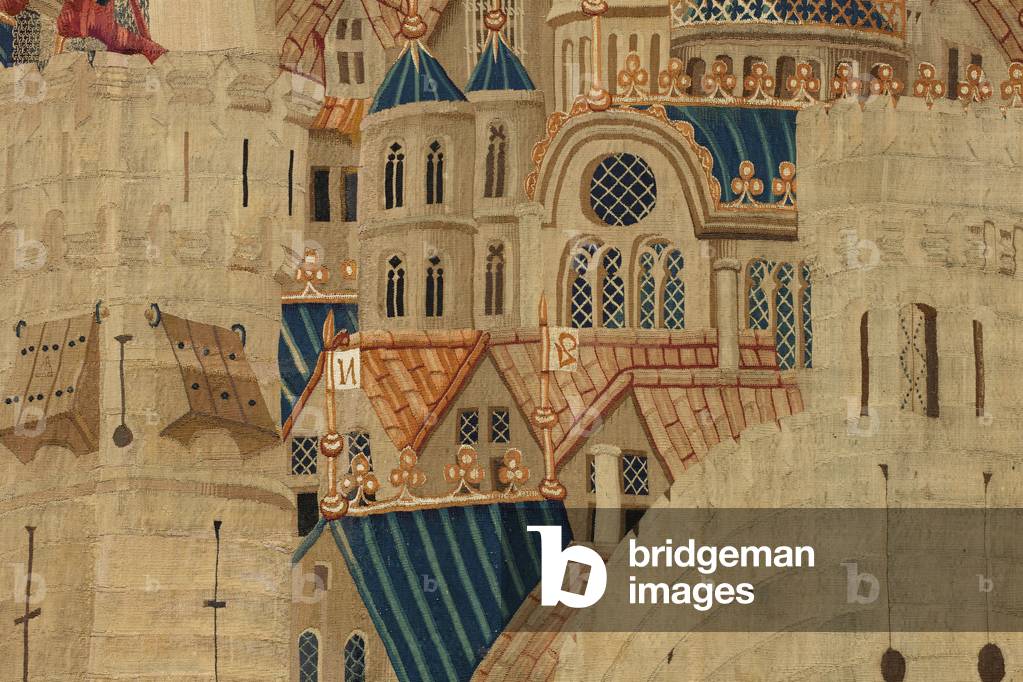 Tapestry showing the Conquests of king Alfonso V of Portugal (Conquistas de Alfonso V de Portugal), Tournai. Detail. (Wool and silk)