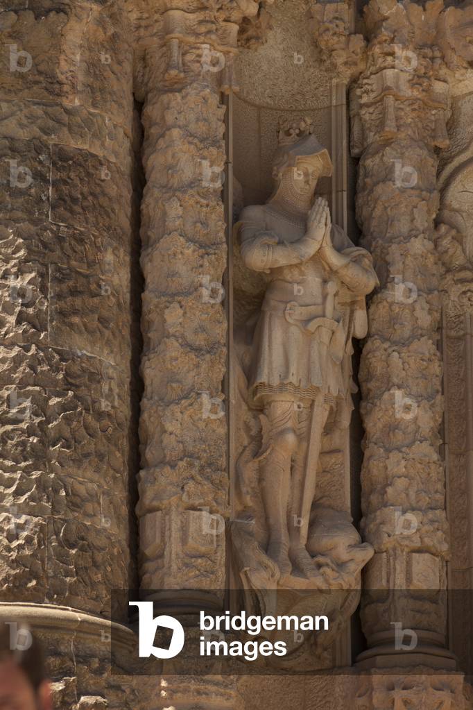 City site mount Tibidabo. The basilic church Holy hearth (Església de Sagrat Cor). Exterior. Entrance portico of the lower church. Detail. Modernism.