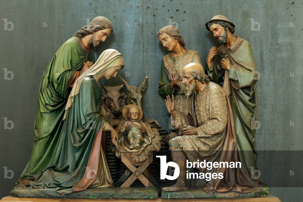 Parish church (Parochiekerk Sint-Martinus en Sint-Antonius Abt). Christmas scene. Polychrome plastre. begin 20th century.