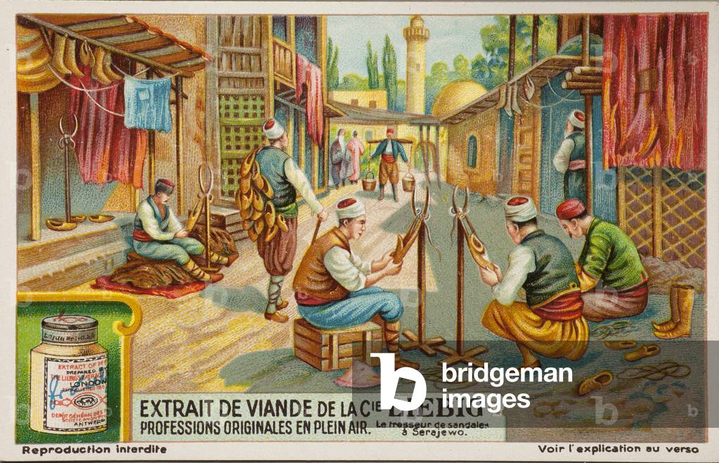 Liebig Chromos. Trade card. Series 1217, Unusual outdoor occupations, no 1, a shoemaker at Sarajevo, (lithograph)