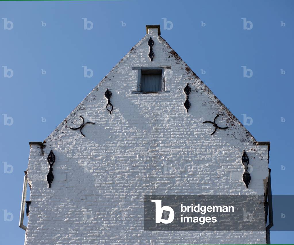 The farmhouse (La Cense). Entrance building façade. Detail top.