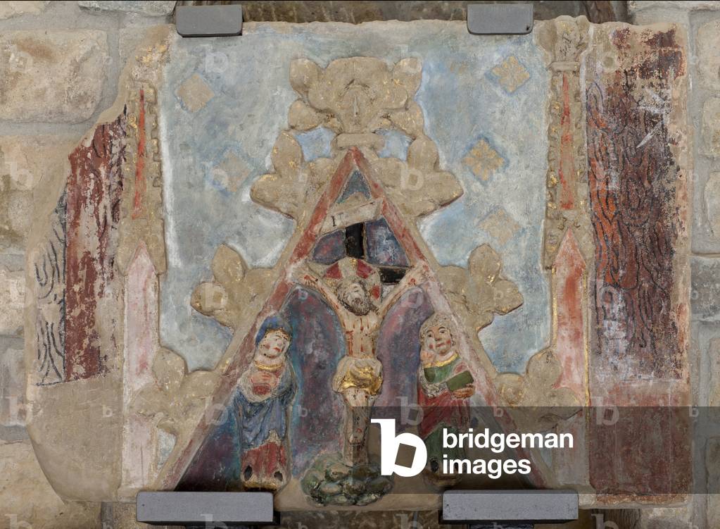 Altarpiece. polychrome stone. Second half 14th century. Origin former parish church of Torre de Rialb. Detail. Upper register. Crucification with the Virgin and Saint John. Ca 101x74cm.